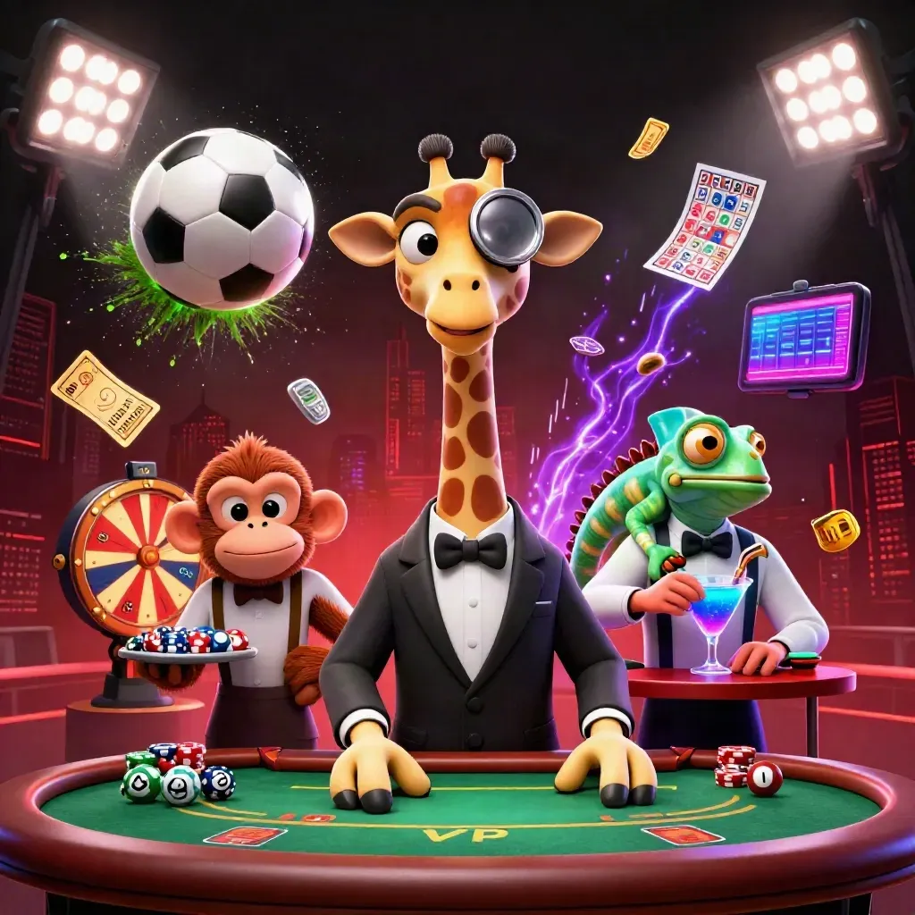 Ground-level casino mascots and a frozen soccer ball burst in neon light.