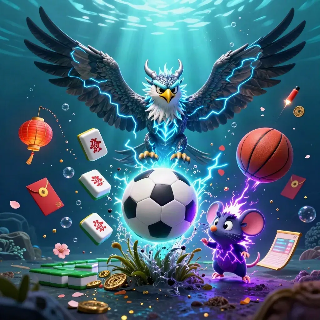 Underwater casino key art with dragon, hawk, mouse, balls, tiles and neon glow.