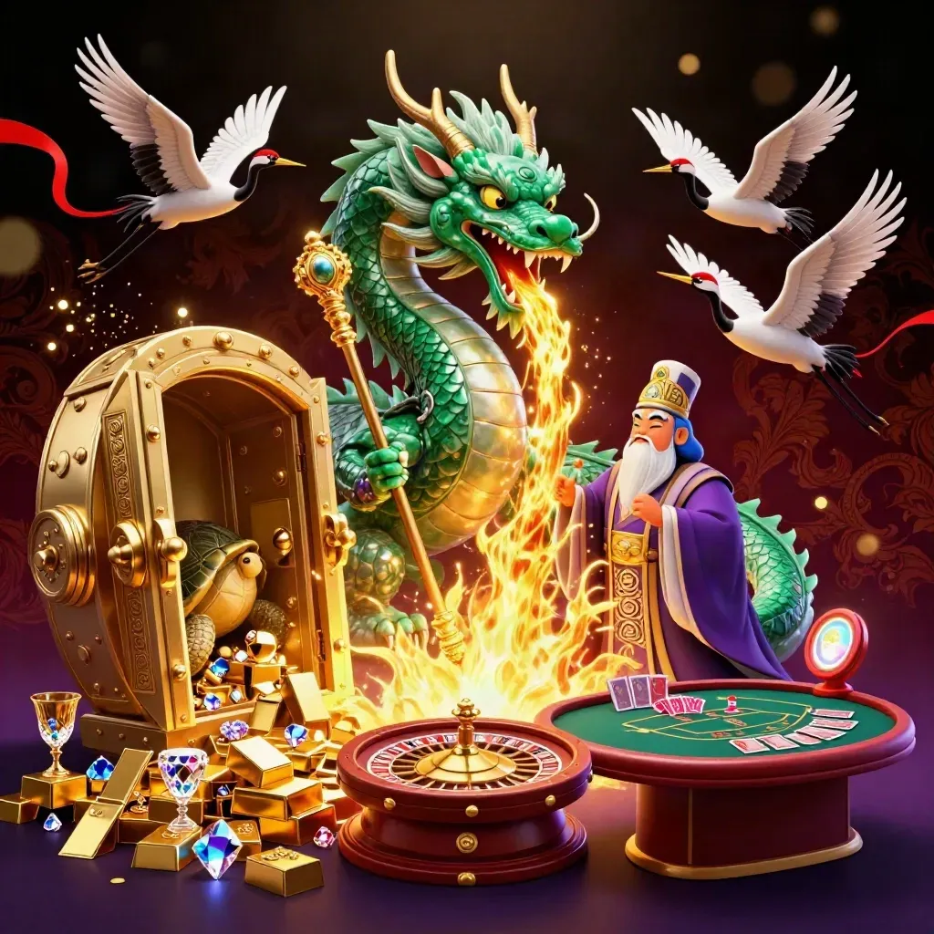 Emerald dragon, turtle sage, and cranes burst from a golden vault with casino treasure.