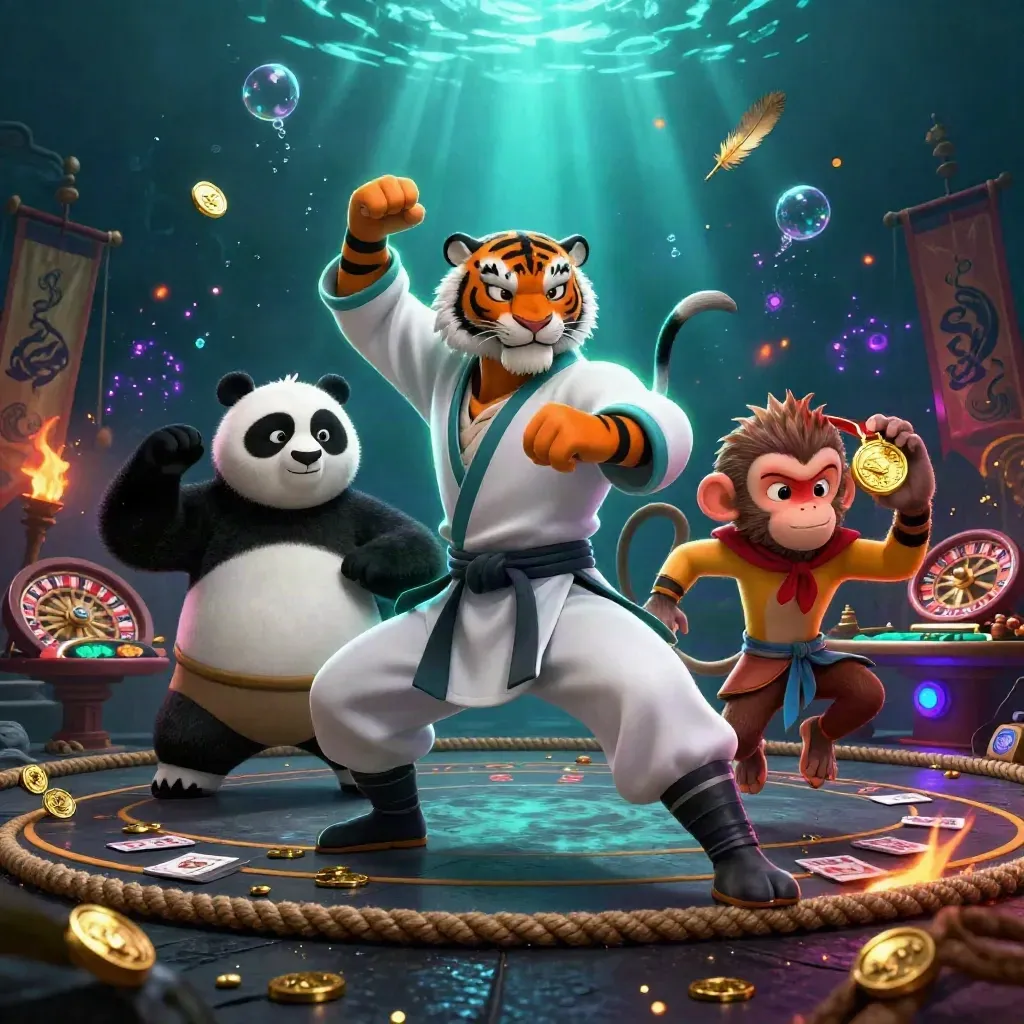 Kung-fu tiger, panda, and monkey amid casino treasure in a glowing underwater temple scene.