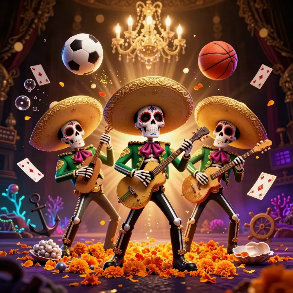 Skeleton mariachi trio in a casino-treasure cove with balls, coins, coral and dramatic gold lighting.