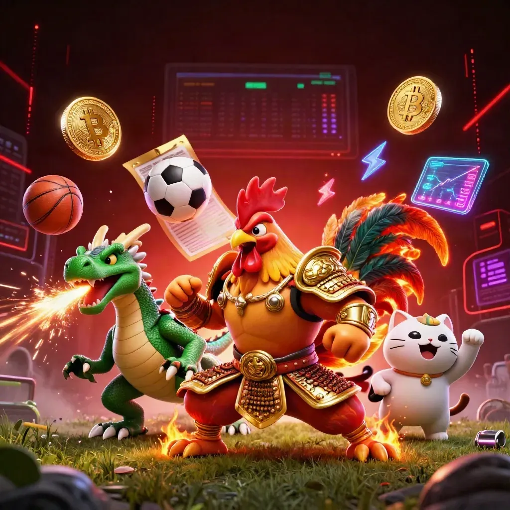 Rooster warrior, dragon hatchling, and fortune cat amid flying balls, coins, and neon energy in a dark arena