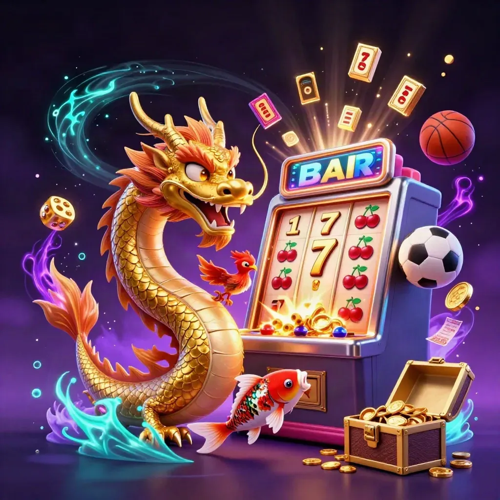 Golden dragon casino scene with slot burst, sports balls, and purple-black cosmic glow.