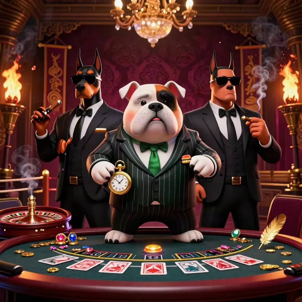 Bulldog boss and Dobermans in a velvet casino room with roulette glow and ember smoke