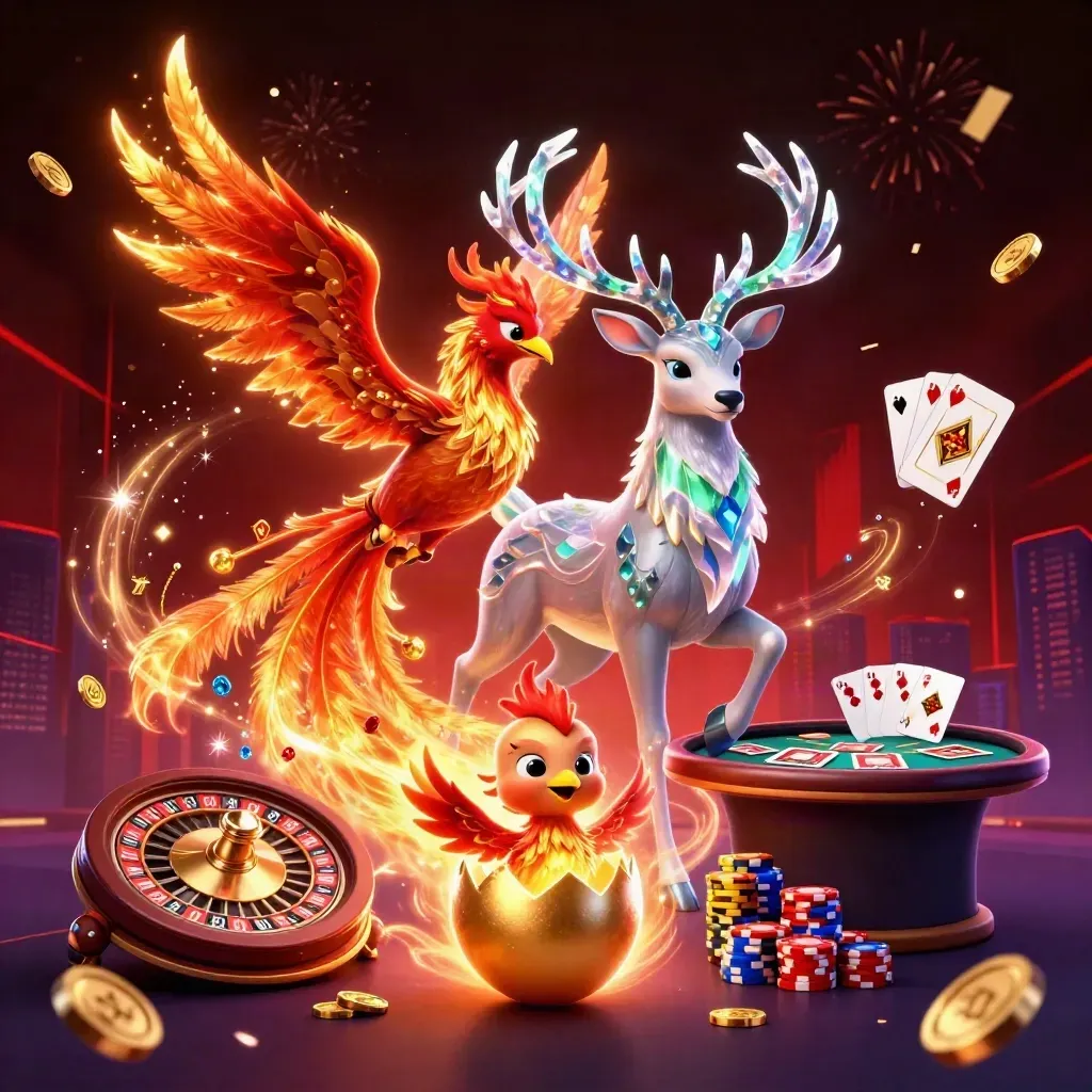 Phoenix, hatchling, and crystal-antlered stag amid coins, gems, chips, and a spinning roulette wheel.