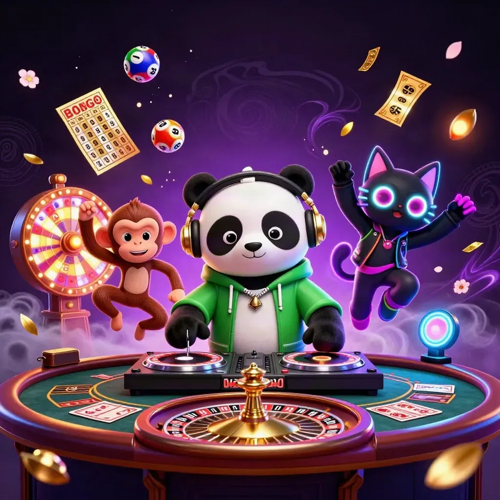 DJ panda, breakdancing monkey, and glow-stick kitten in a neon casino with floating game symbols.
