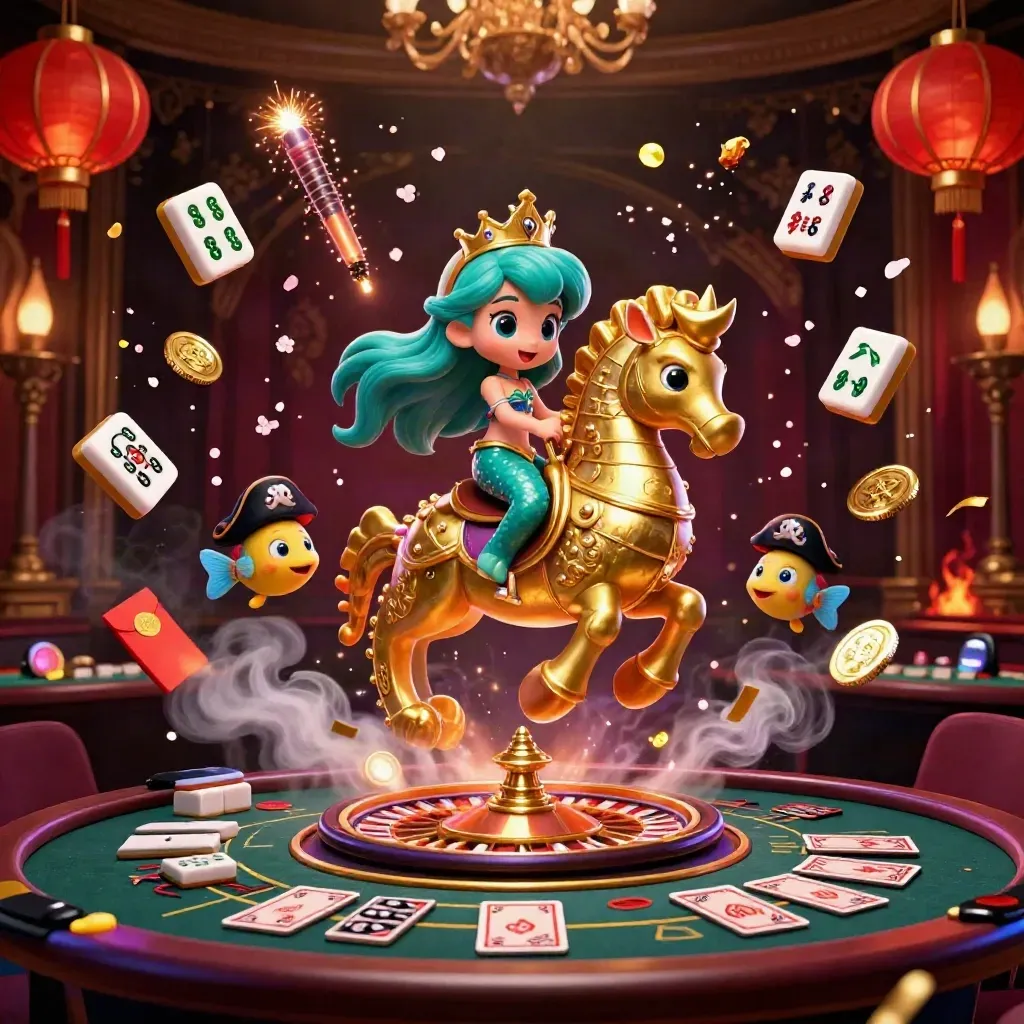 Turquoise mermaid princess on gold-armoured seahorse in a luxe casino storm of lanterns, coins, petals