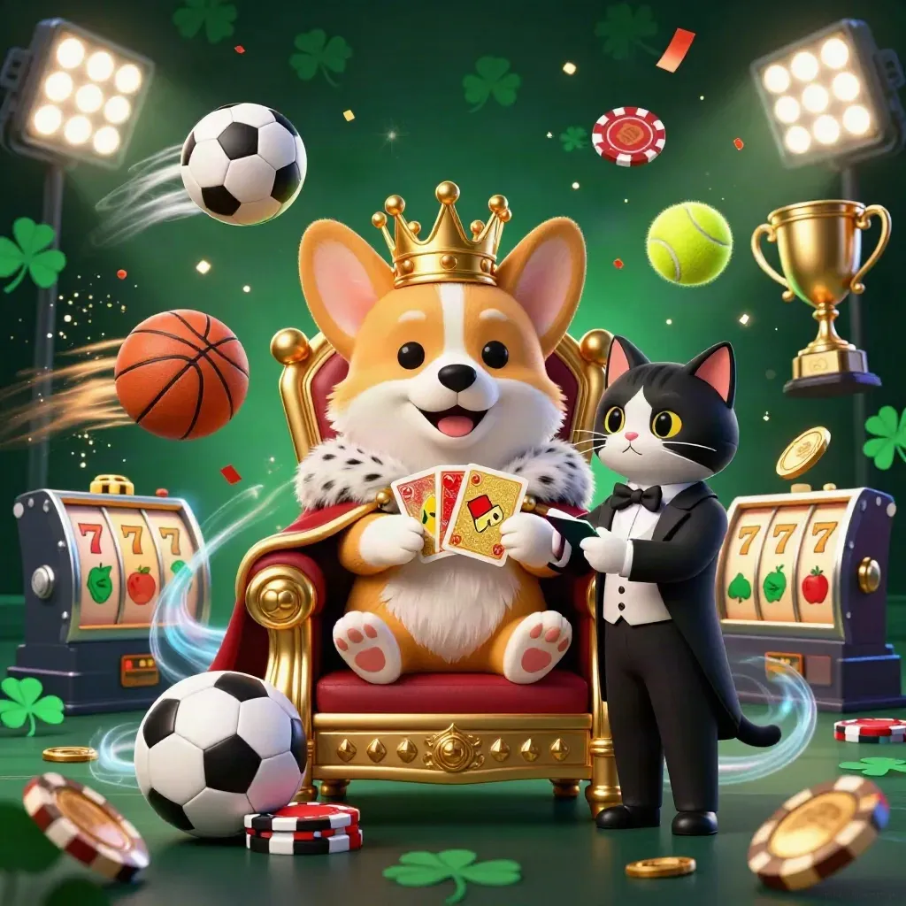 Crowned corgi king and cat butler in a casino burst of balls, coins, fireworks, and emerald magic.