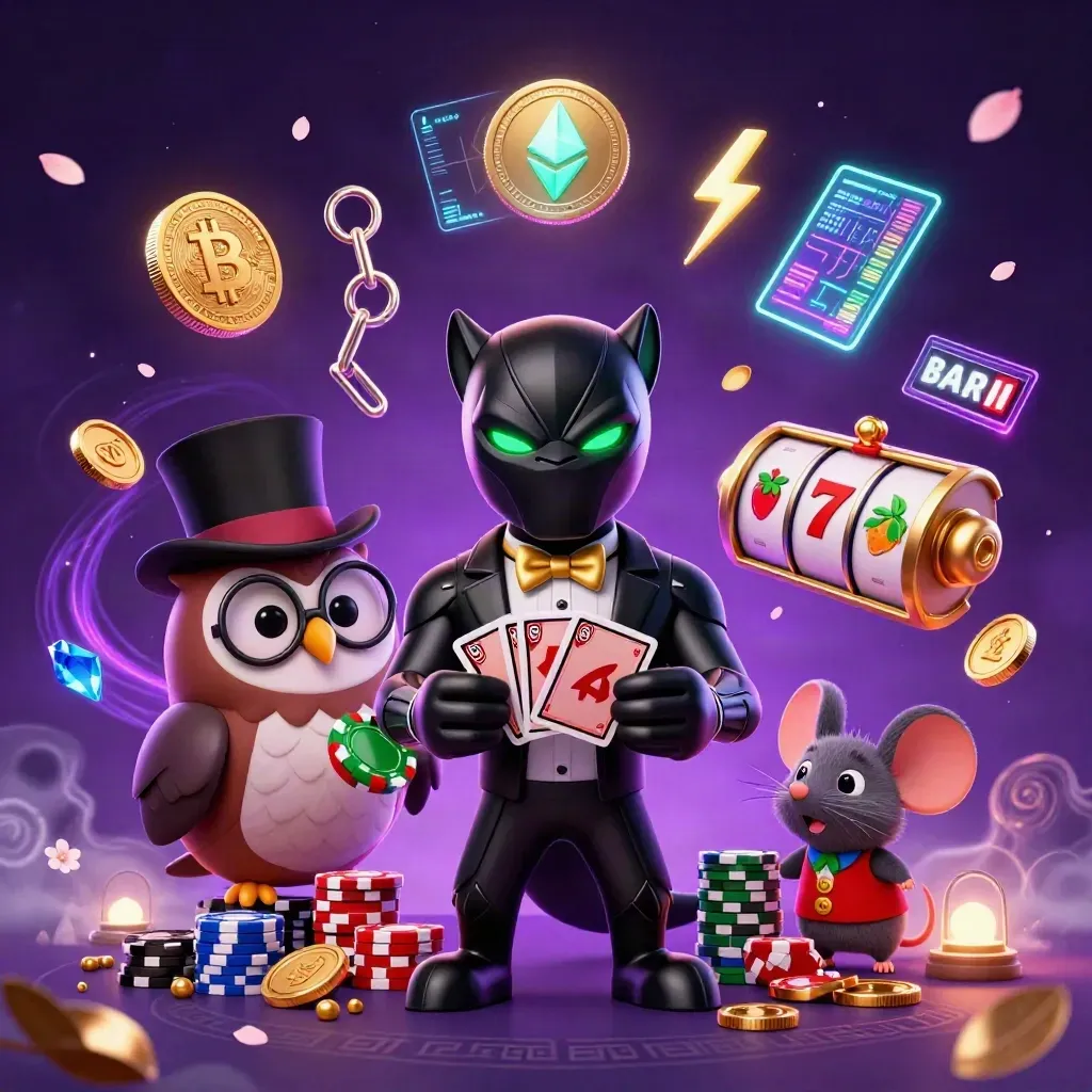Panther, owl, and mouse casino heroes amid neon coins, cards, runes, and purple magic.