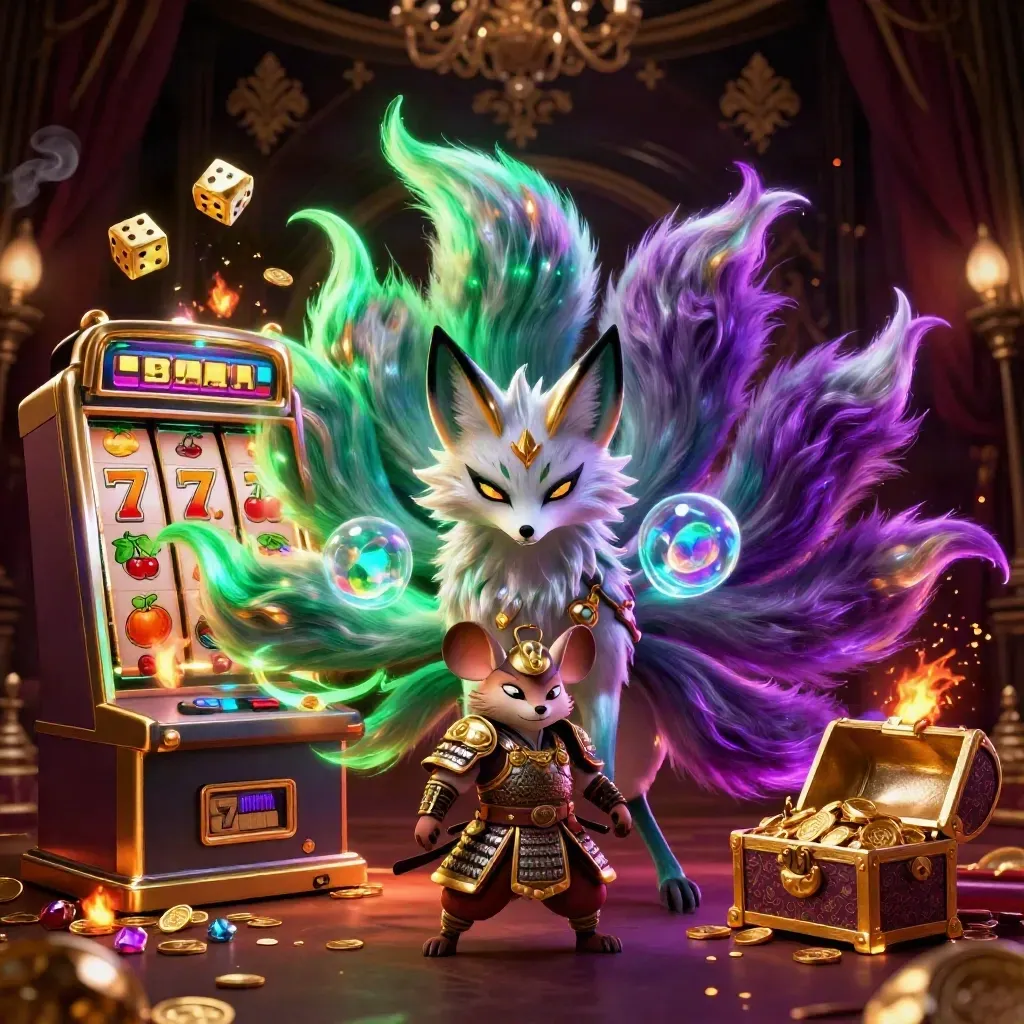 Nine-tailed fox spirit and armored mouse burst from a slot machine with gold and neon effects.