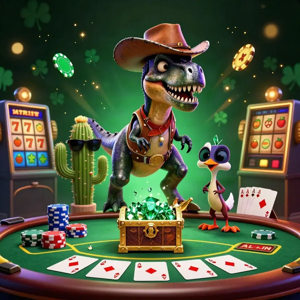 Cowboy T-Rex, cactus sidekick, and roadrunner blast through casino treasure in neon emerald light.