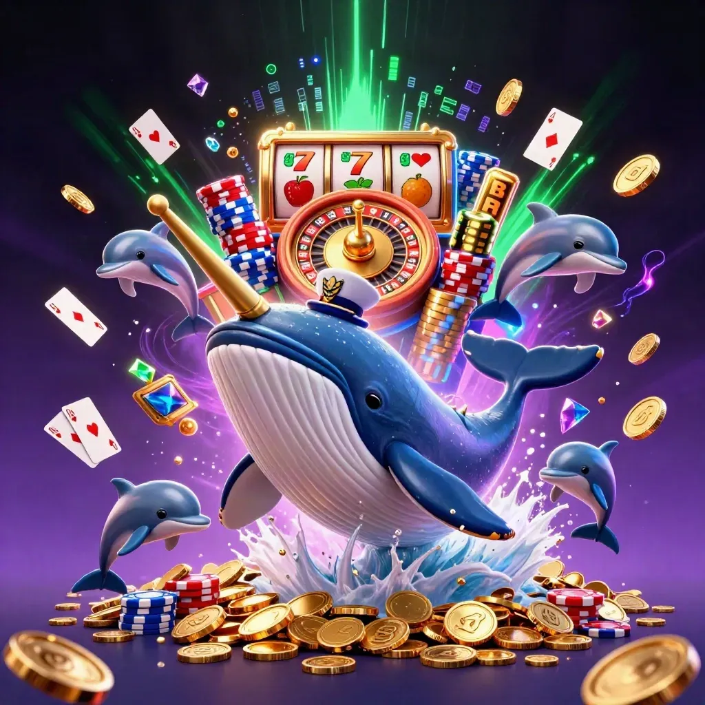 Whale captain, narwhal and dolphins burst through coins in emerald glow.