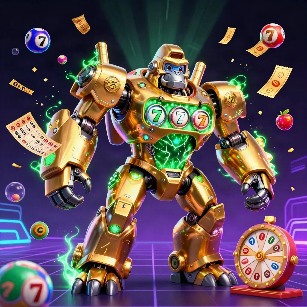 Golden gorilla mech with tiny monkey pilot, exploding lottery balls and emerald casino energy.