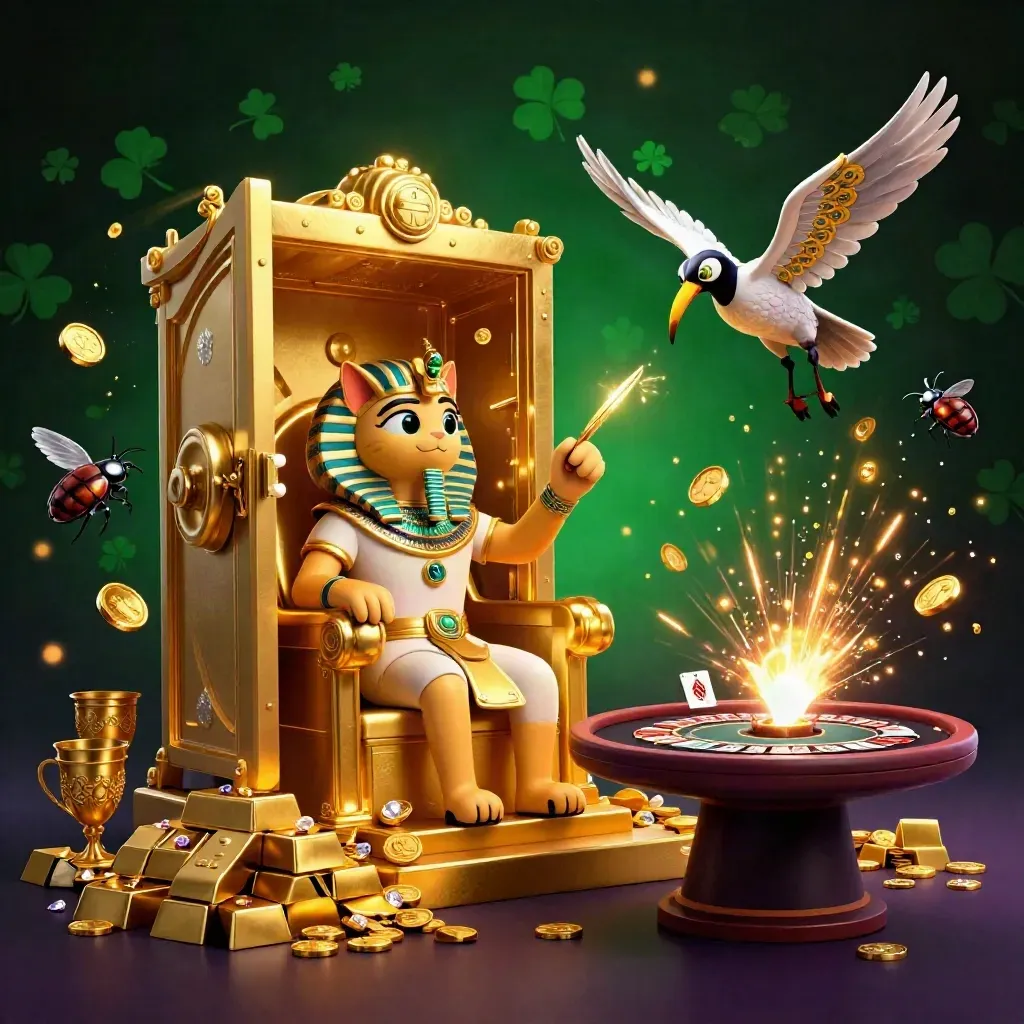 Pharaoh cat, ibis scribe and scarab gems amid bursting vault, coins, and casino lights.
