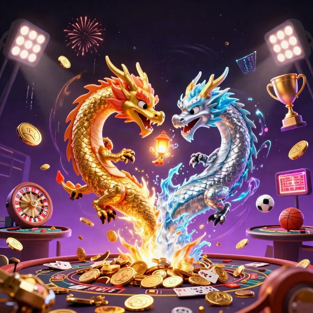 Gold and silver dragons spiral through coins, fireworks, and casino icons in a neon purple storm.
