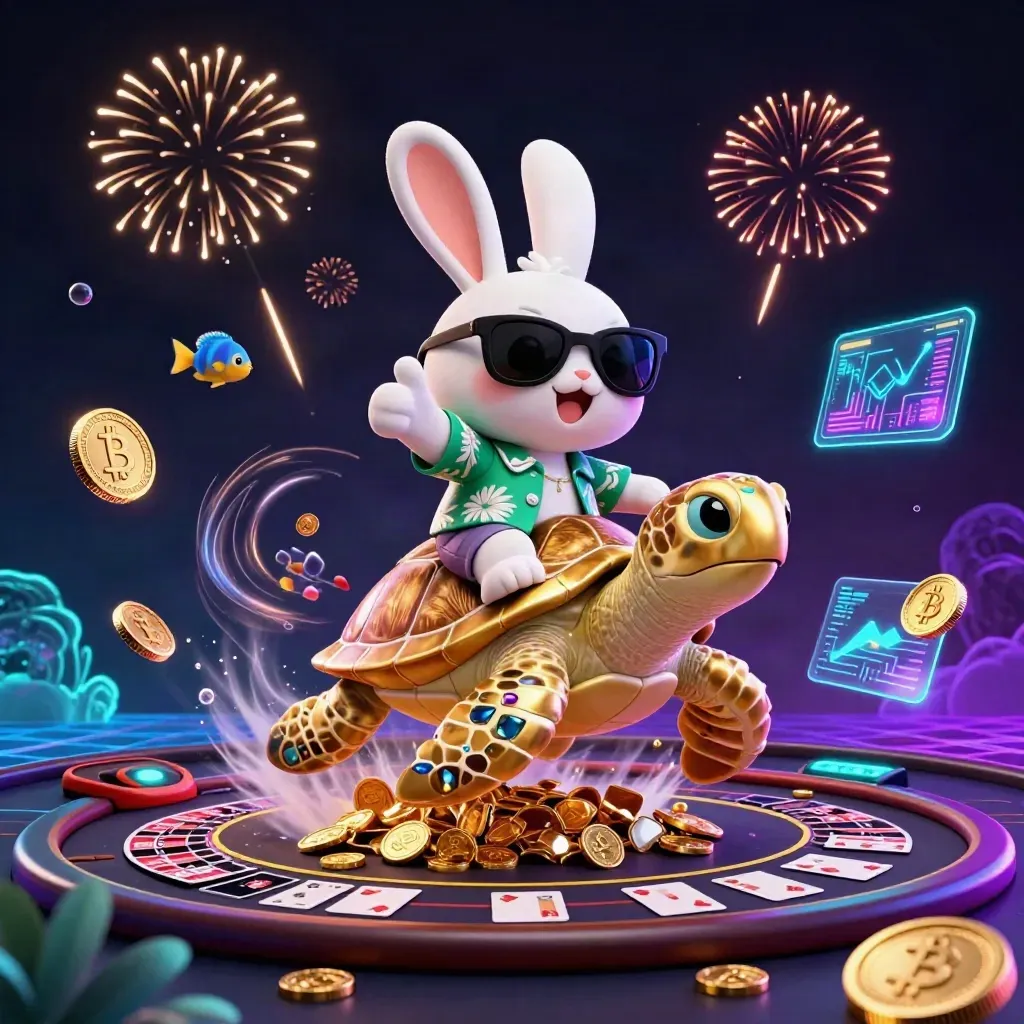 Lucky rabbit rides a golden turtle amid coins, fireworks, roulette, cards and neon casino glow.