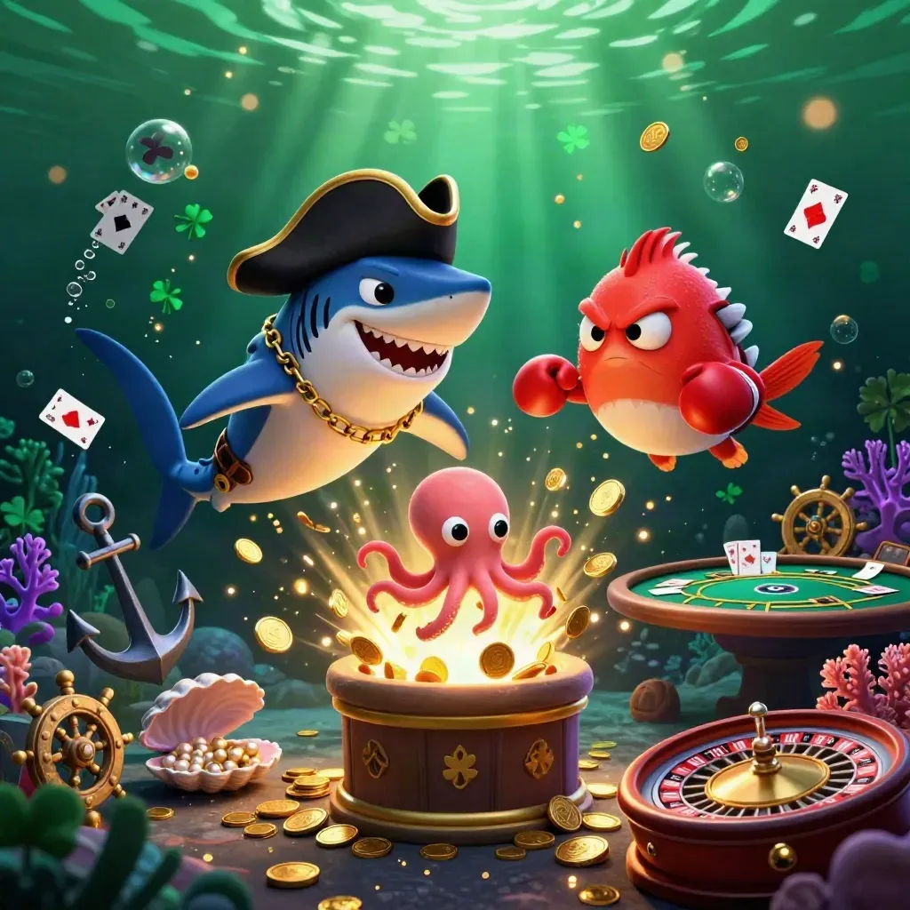 Shark pirate, boxing pufferfish, and juggling octopus amid coins, cards, coral, and casino glow