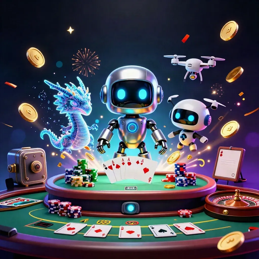 Robot, holographic dragon, and drone burst from vault amid coins, chips, cards, and fireworks.