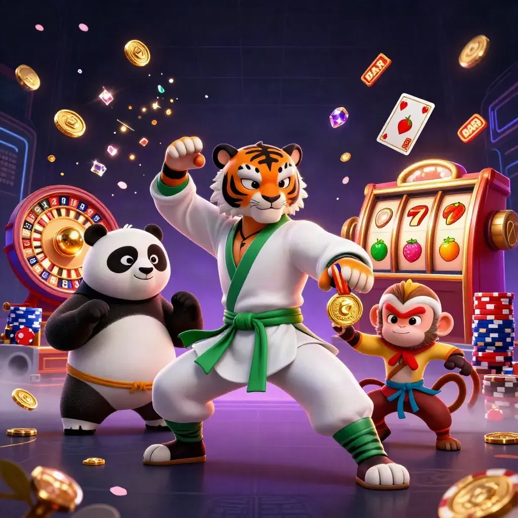 Tiger, panda and monkey casino heroes amid coins, reels, chips and neon storm