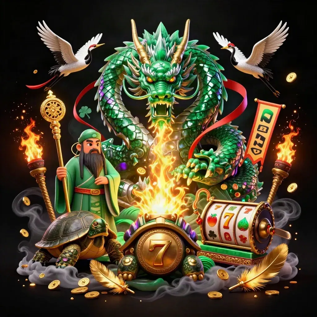 Emerald dragon, turtle sage, and cranes amid casino relics, fire, coins, and temple gates.