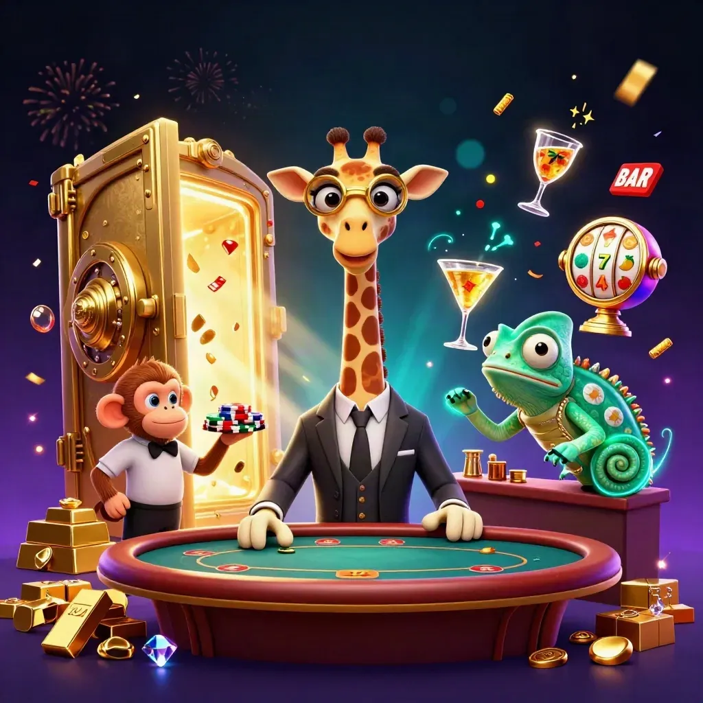 Three cartoon casino animals erupt around a vault with gold, gems, and neon magic.