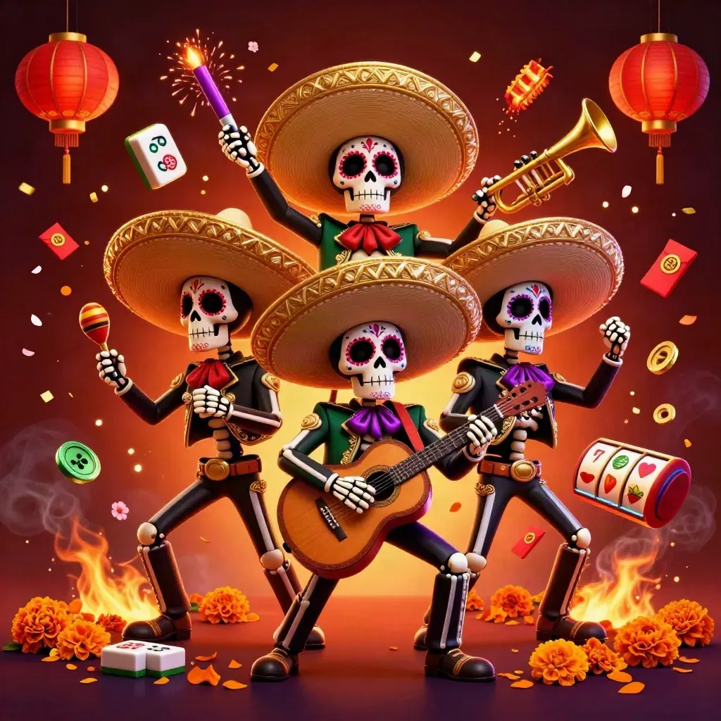 3 skeleton mariachi heroes amid casino symbols, ember glow, and dark crimson lights
