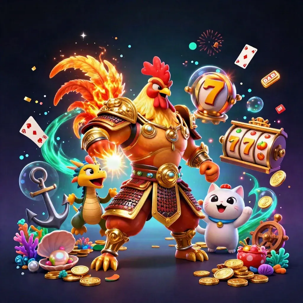 Rooster warrior, dragon hatchling and fortune-cat in a treasure cove with casino sparks